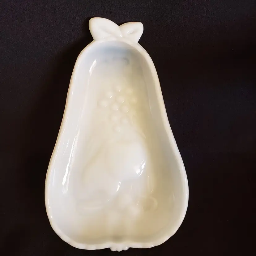 MILK GLASS Pear Shaped Trinket Dish Tray - Fruit on Front Flowers on Back 8 1/8"