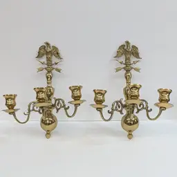 Vintage Set of Brass Americana Eagle Wall Sconces Triple Candle Holders 2 Arrows