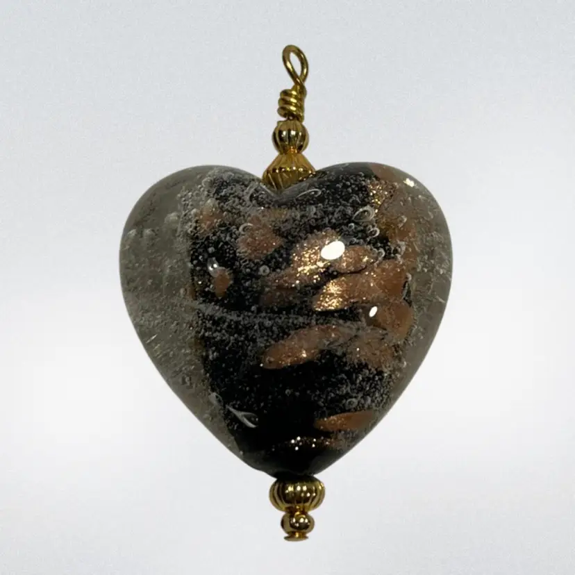 Art Glass Heart Wire Wrap Bead Pendant Black, Gold & Clear | 1”