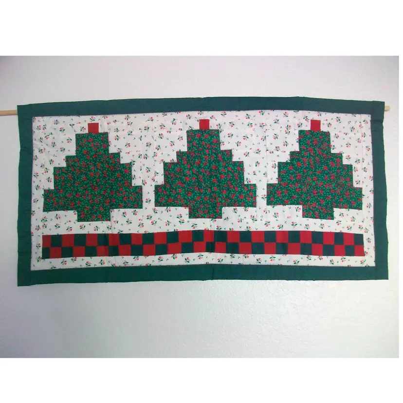Vintage Hand Quilt Red Green White Christmas Tree Wall Hanging 16" x 32.5"