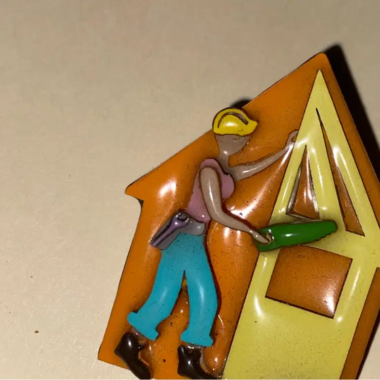 ‘Designs By Lucinda’ Pin - “GIRL POWER!” ~ Lady Carpenter Working On Framing A House ~ Yellow, Orange And Turquoise Colors ~ Hard To Find