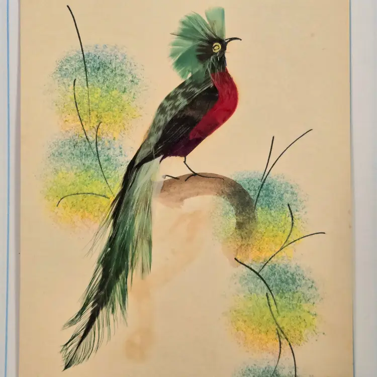 Studio Art Feather Bird Colorful & Handpainted on cardstock From Mexico Vintage