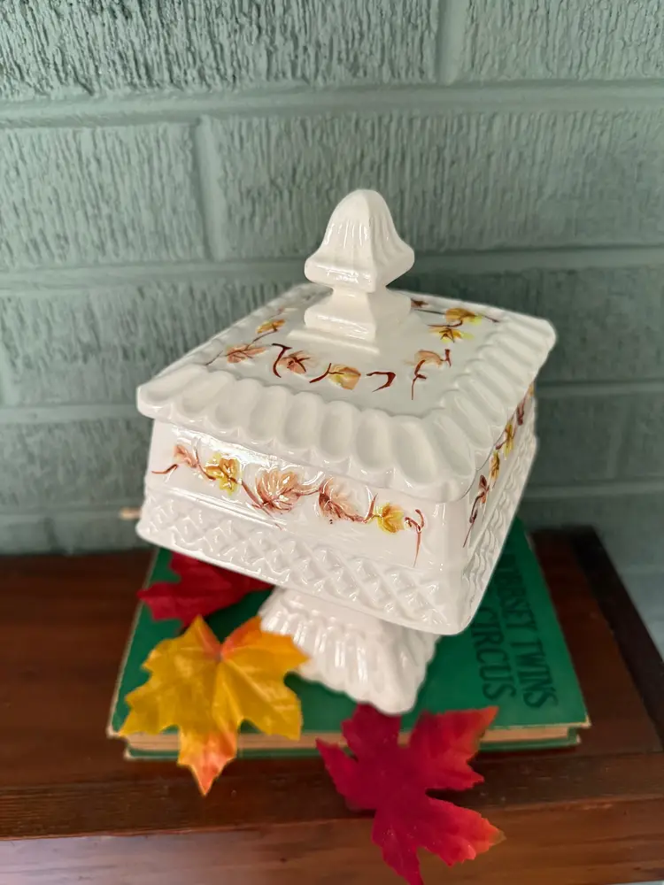 Vintage Ceramic Covered Pedestal Compote with Hand Painted Leaf Motif – 8.5 Inch Lidded Dish – Square Pedestal Candy Dish – Farmhouse Autumn Décor