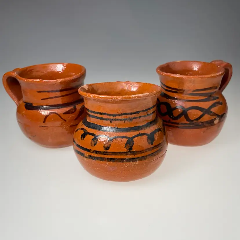 Mexican Handmade Glazed Pottery Mugs Set of 3 Rustic Vintage Mexico Red Clay