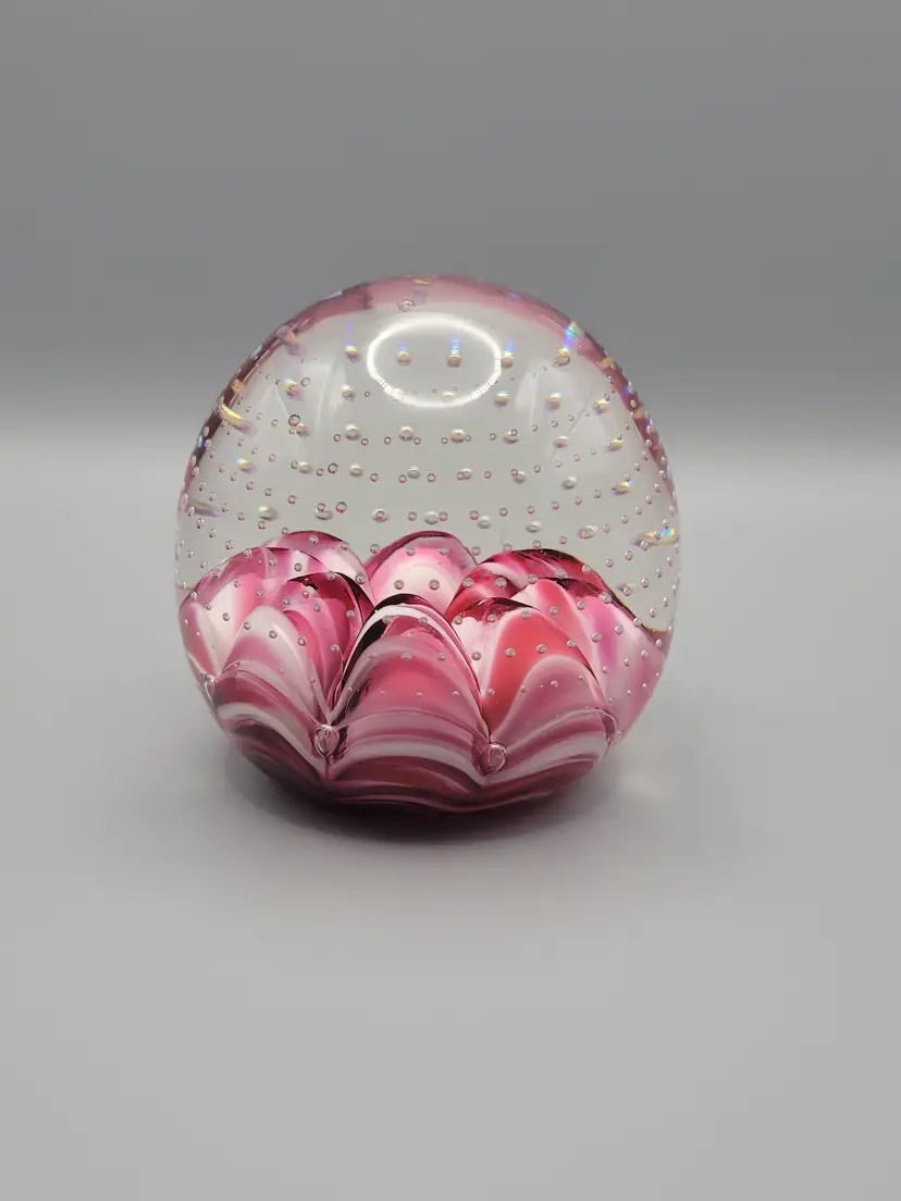 Dunlavy Hand Craft Cranberry and White Controlled Bubble Paperweight
