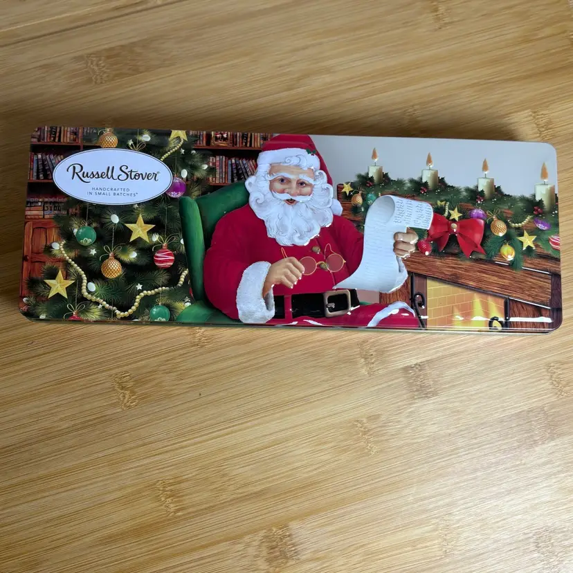 RUSSELL STOVER Hinged Christmas SANTA CLAUS Checking List Empty Collectible TIN