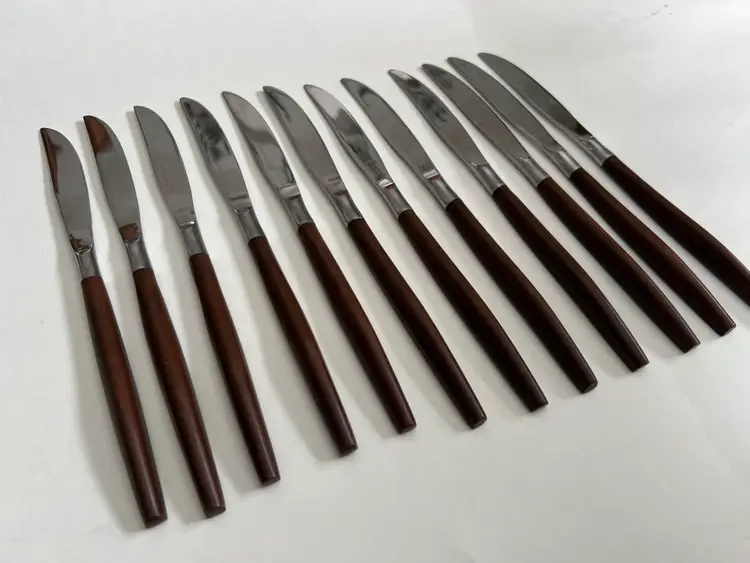 Vintage Ecko Eterna Wood Handle MCM Knives. (12) Silverware Flatware Forged Stainless MCM
