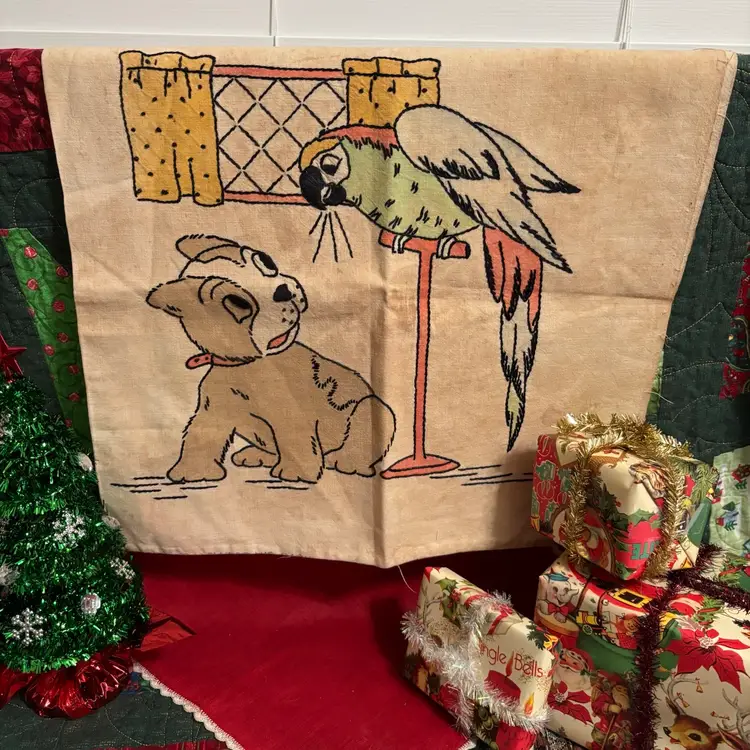 Vintage Doodle Dog Parrot Appliqué Embroidered Pillow Cover 1930’s-1940’s