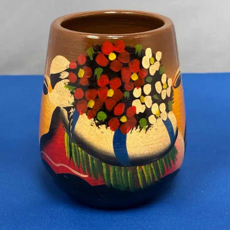 Vintage Peruvian Art Pottery Vase Hand Painted Flowers Folk Art Signed Pancho