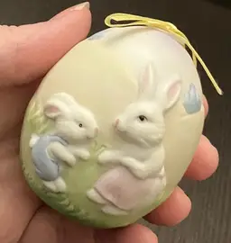 Satin Egg Shaped Mommy and Baby Bunny Figurine with Relief elements