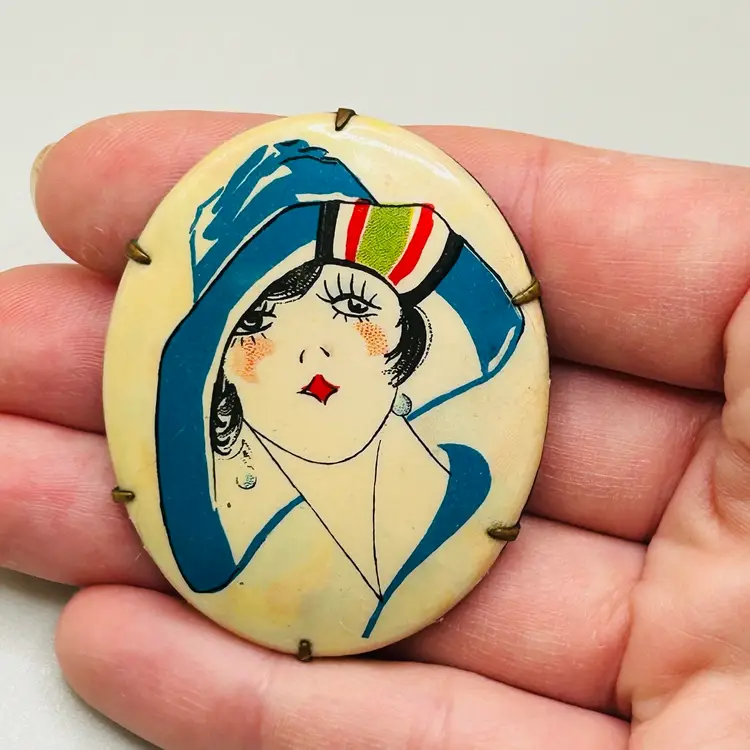 Vintage Celluloid Art Deco Flapper Lady in Blue Hat Brooch Pin 1920s