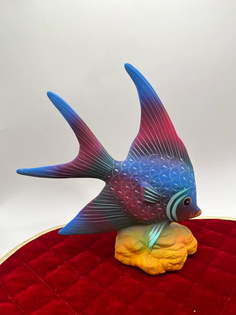 9”x9” Talavera Fuchsia/ Purple Mexican Art Angel Fish Figurine