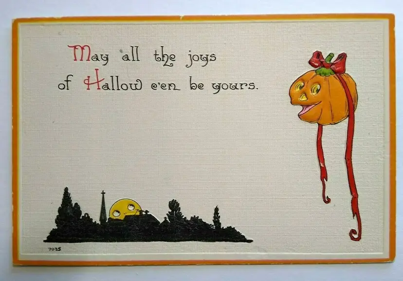 Halloween Postcard Bergman Yellow Moon Peeks Over City Goblin Lady Series 7035