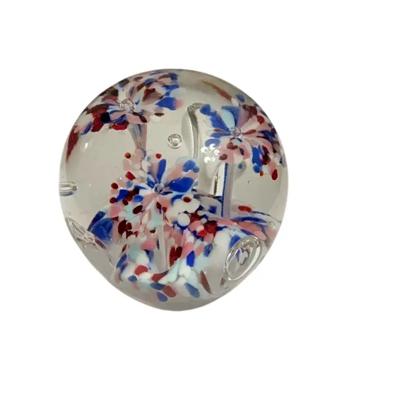 Vintage Confetti Floral Paperweight With Controlled Bubbles 3 1/2” X 3 1/2”