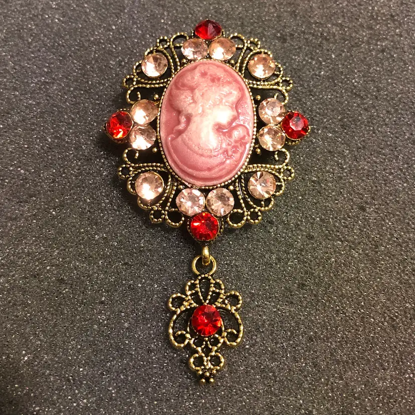 Pink Cameo with Jewels and Dangle Brooch