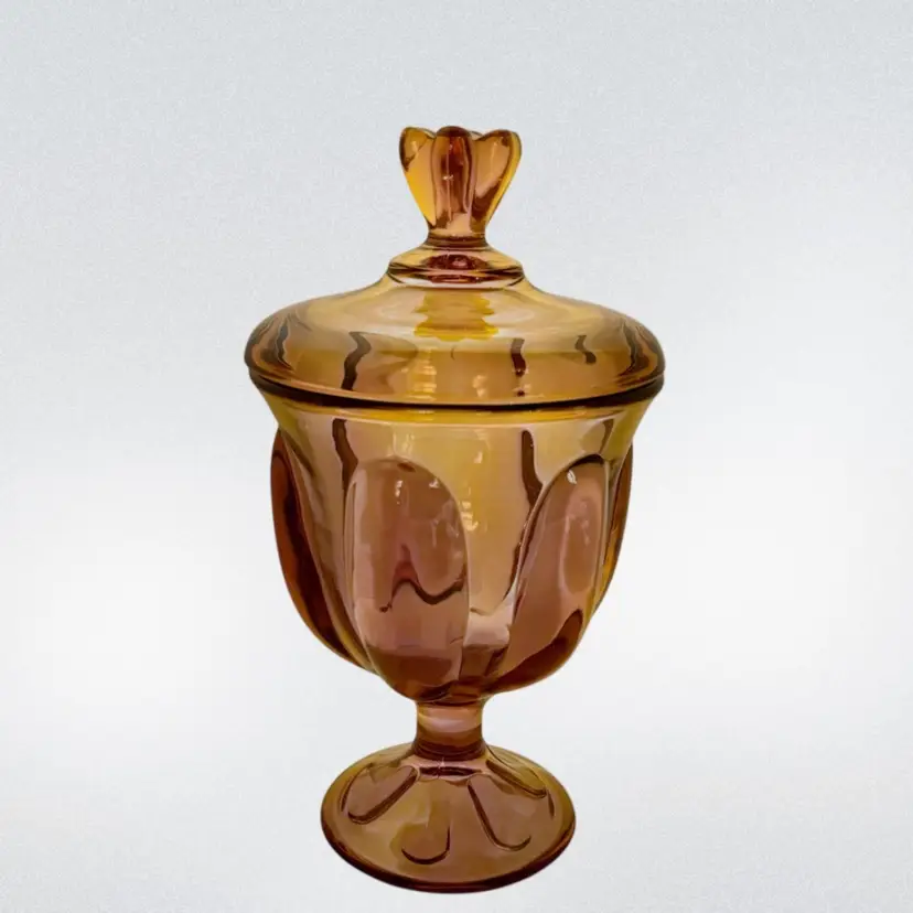 Vintage Viking Candy Dish Amber Art Glass Epic 6-Petal W/Lid MCM
10-1/2” T x 5-1/2”