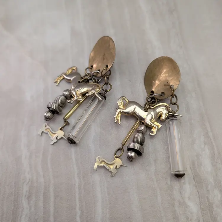 Vintage Clip On Earrings Extra Large Dangle Brass Tones Unicorn Dangle Earrings