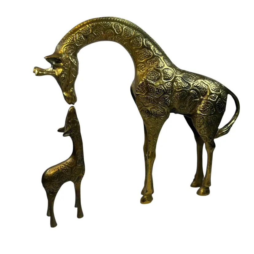 Vintage Brass Giraffe Mama with Baby 8.5” Wild Animal Safari Jungle
