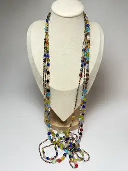 Vintage 48" 3 Strand Glass Beads Rainbow Confetti Necklace Flapper Length