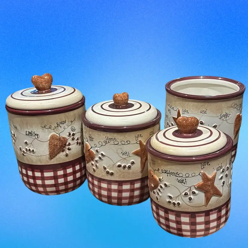2001 Linda Spivey Bless This Home Country Earthenware Canister Set Of 3 With Utensil Holder