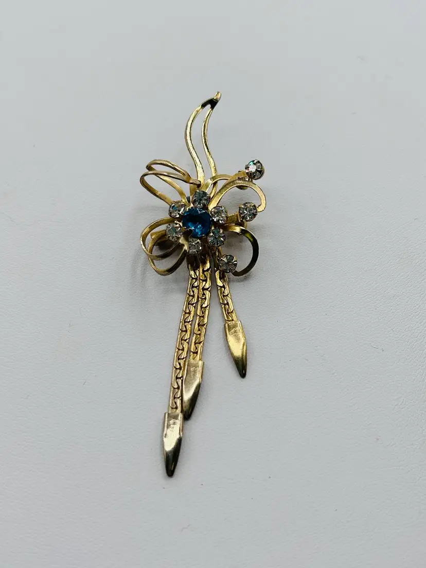 Vintage Abstract Brooch- Pendant, Tone With Accent Of Blue And Clear Rhinestones Unsigned