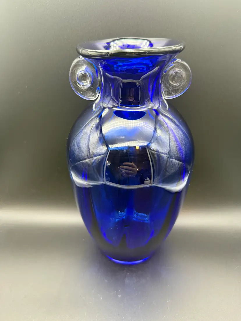 Vintage Optical Swirl Cobalt Blue Vase with Clear Applied Handles