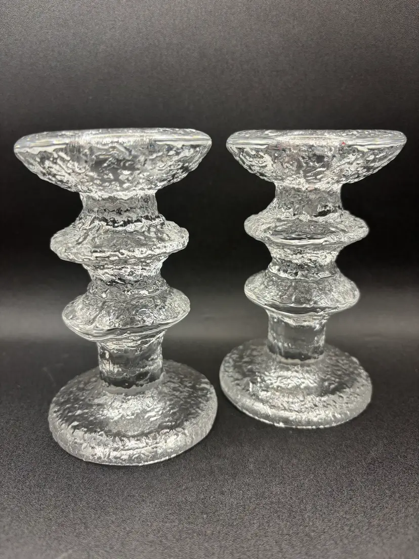 Vintage Pair of Scandinavian Iittala Festivo 2 Ring Glass Candle Holders by Timo Sarpaneva Signed