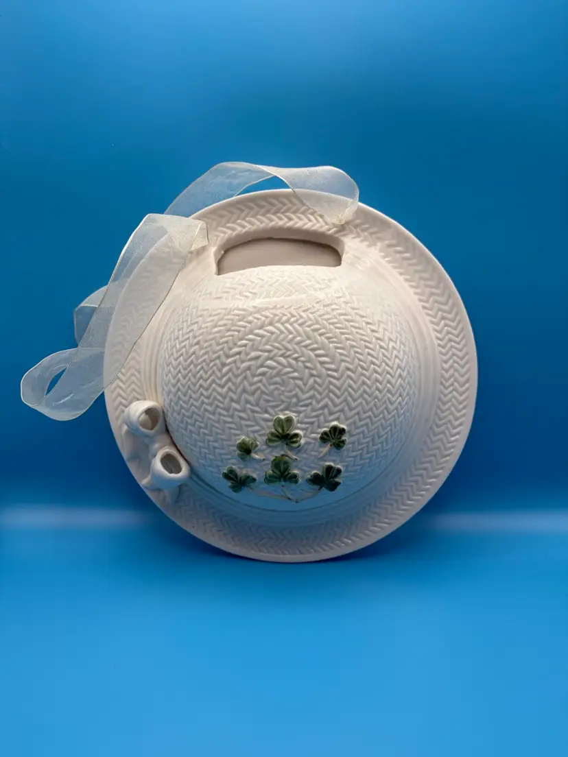 Wonderful White Ceramic Wall Pocket Hat with Green Clover Design