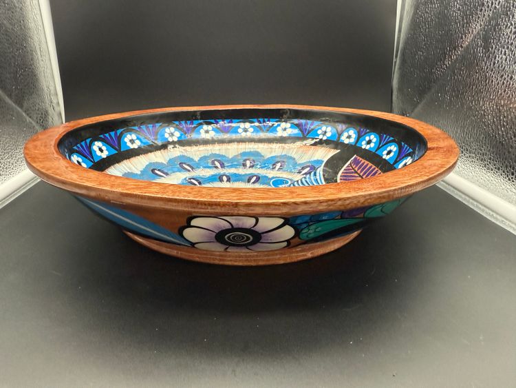 BEAUTIFUL Hand Painted Lacquered Wooden Bowl Mexican Bird Peacock Folk Art