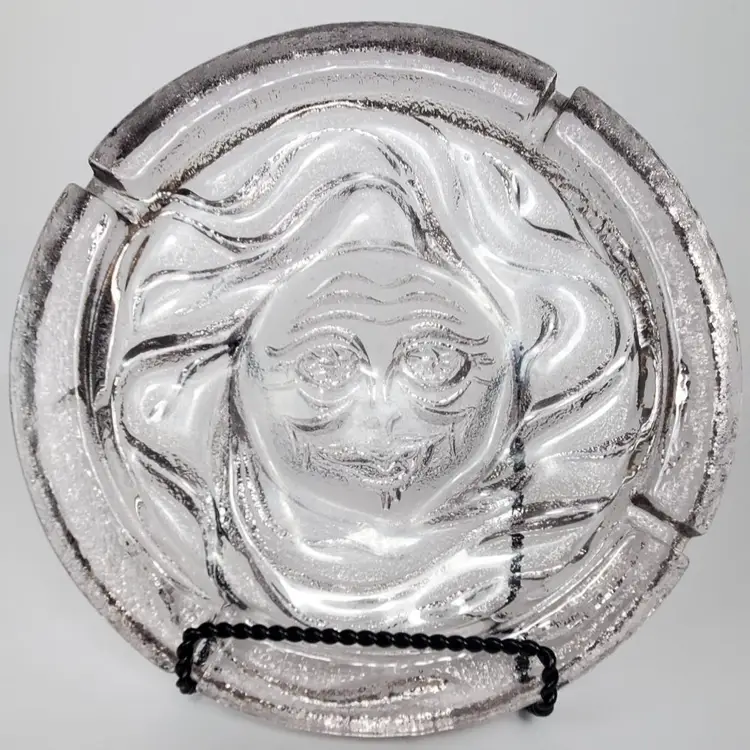 Vintage 1970s Blenko Sun Face Clear Light Pinkish Ashtray
