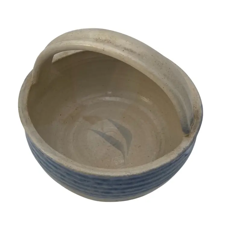 Hand-Thrown Studio Pottery Basket, Stone w/large Blue Band & leaves, Signed