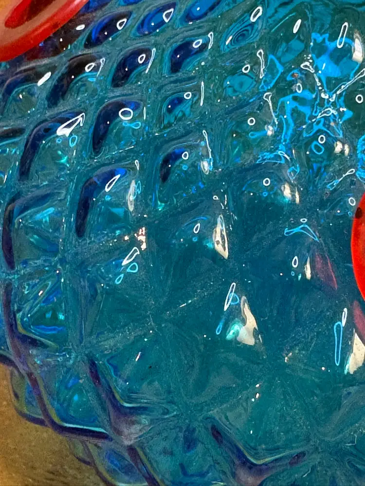 Hummingbird Oriole Feeder Blue & Red Glass + Metal Hanger. 7 x 8 inches