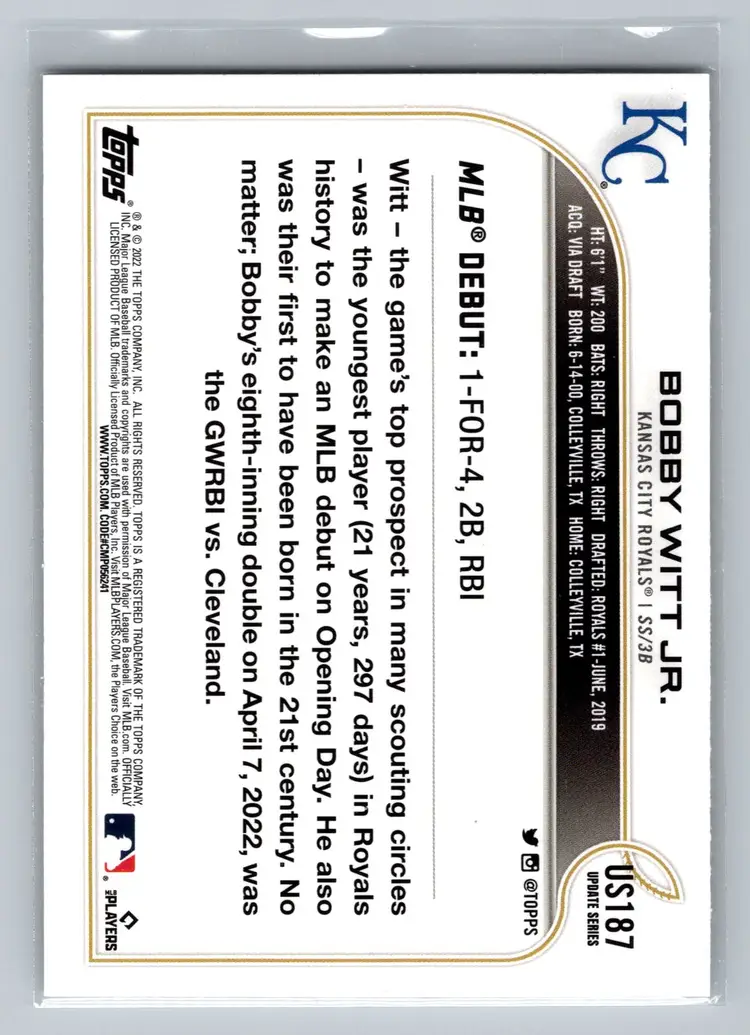 BOBBY WITT JR 2022 Topps Update Series RC Kansas City Royals A1524