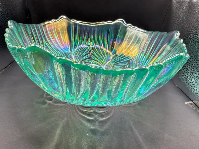 Fenton Bowl Iridescent “Beauty” Turquoise 8” Silver Black Fenton Label