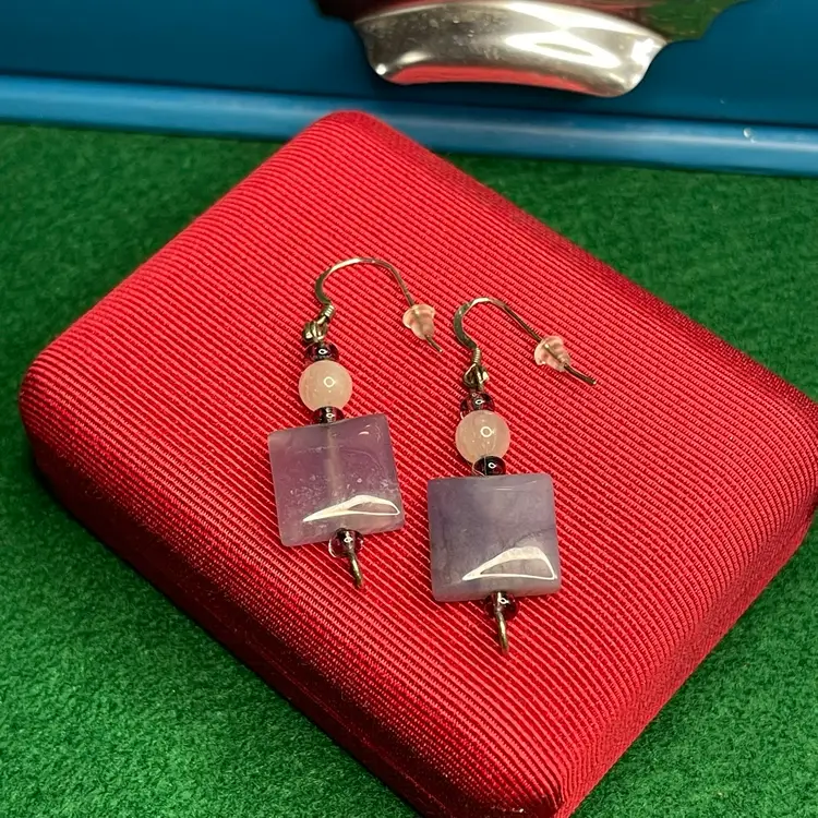 Sterling 925 Silver & Square Purple Stone & Glass Beads Artisan Hook Earrings