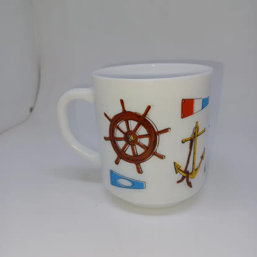 R. Carman Nautical Milk Glass Mug / Vintage White Glass Mug / Compass, Sailboat, Ship Wheel, Mast / Made in France / Mid Century Sailor Mug
