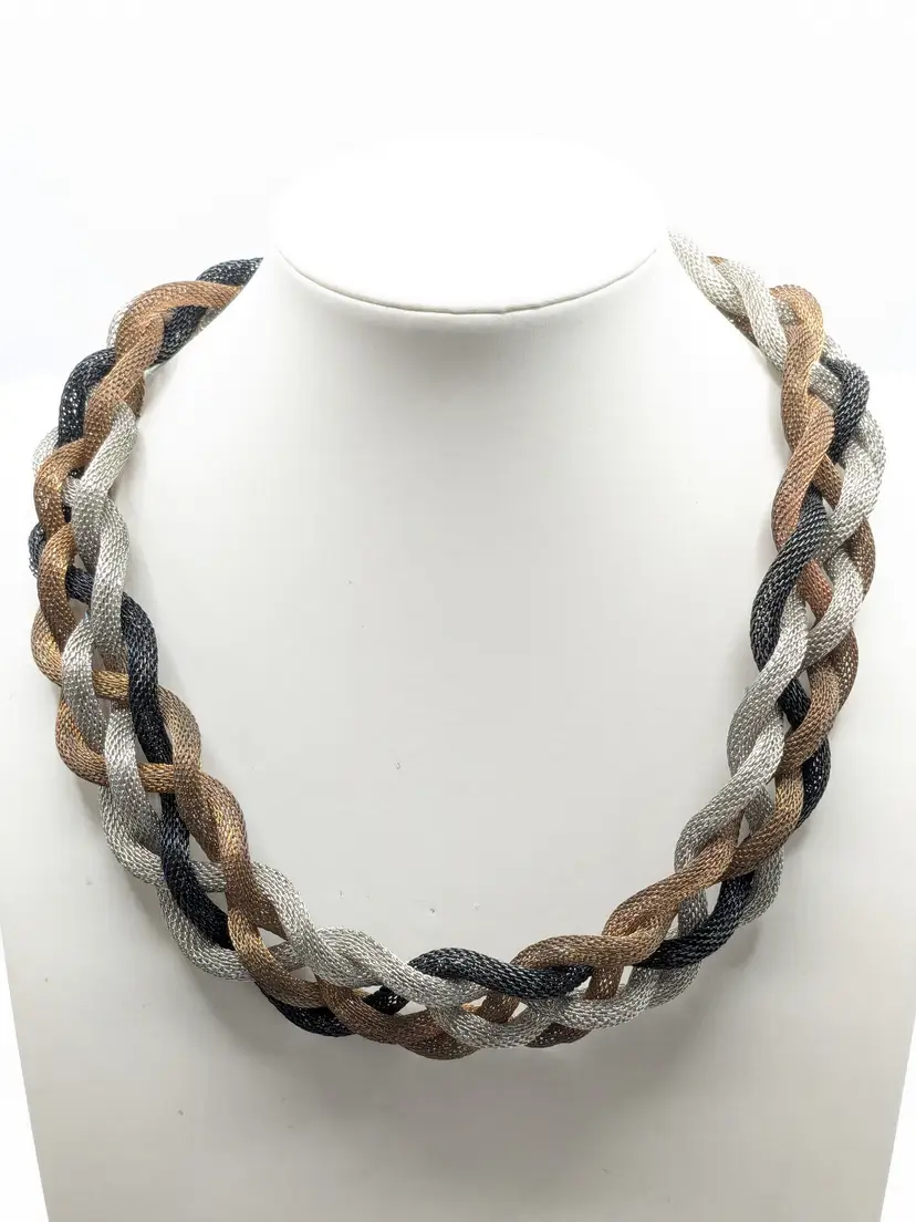 Chunky Braided Mesh Necklace Copper Black and Silver Tone