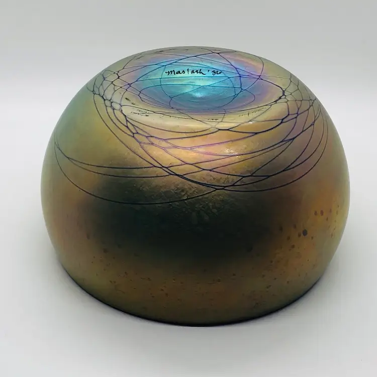 Stunning Steven Maslach Iridescent & Cobalt Blue Bowl Signed 1986  7”x4”