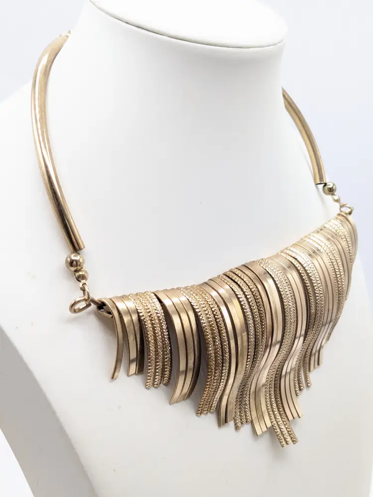Gold Tone Fringe Textured Statement Necklace