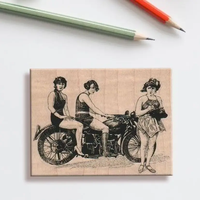 Vintage Ladies With Motorcycle Rubber Stamp