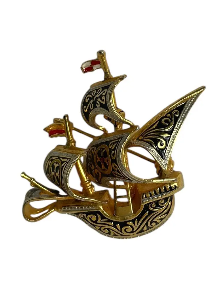 Pirate Ship Galleon Gold Toned Brooch