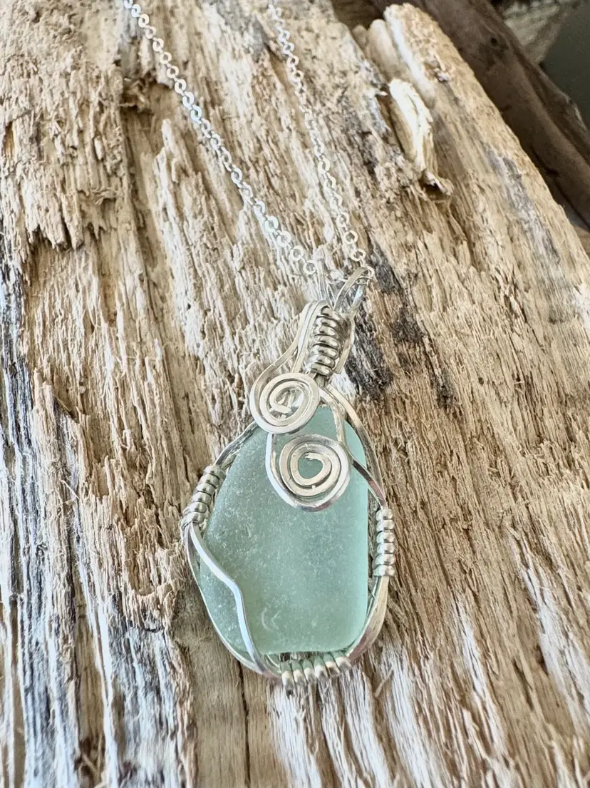 #3 Sterling Silver Wire Wrapped Aqua Ocean Blue Recycled California Seaglass With Sterling Silver Chain