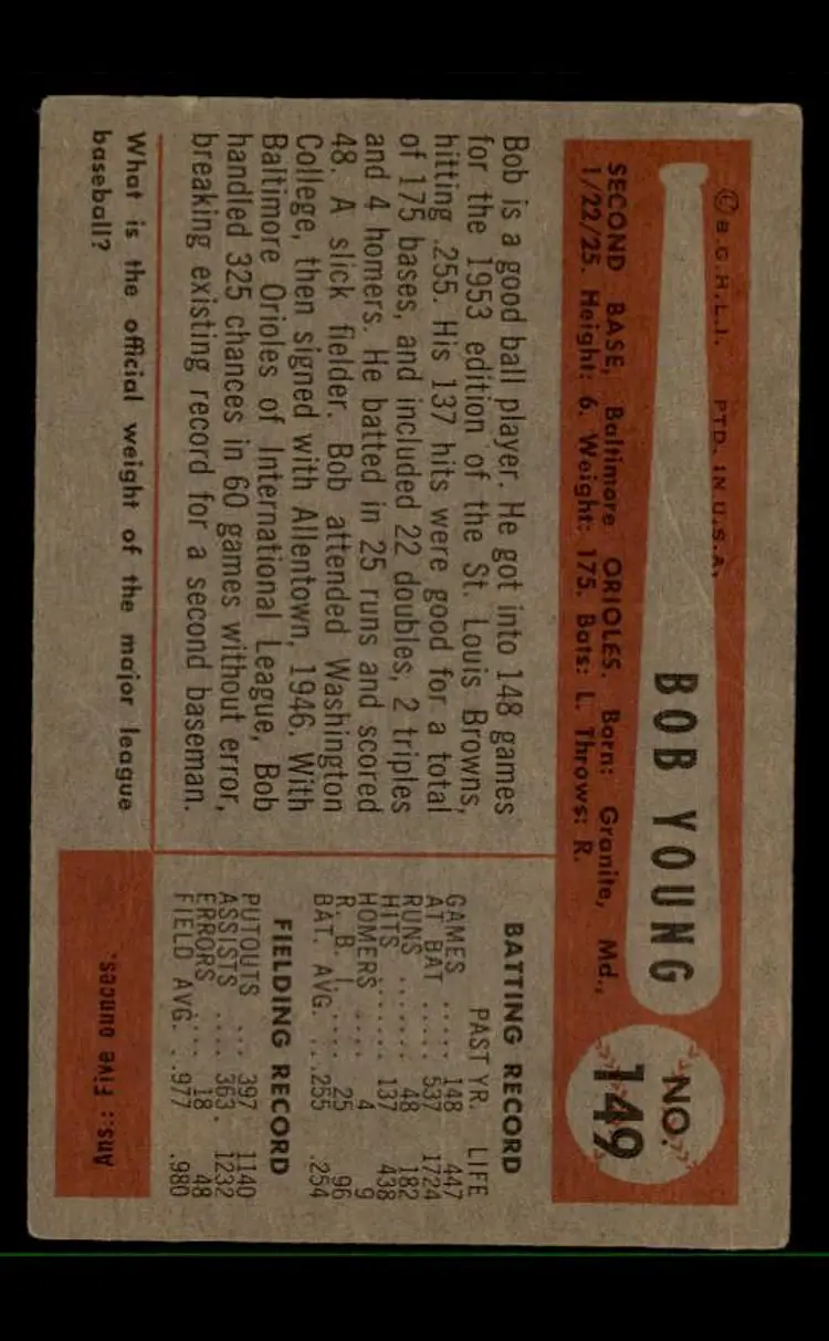 1954 Bowman #149 Bobby Young - (pk-tl3) - Baltimore Orioles