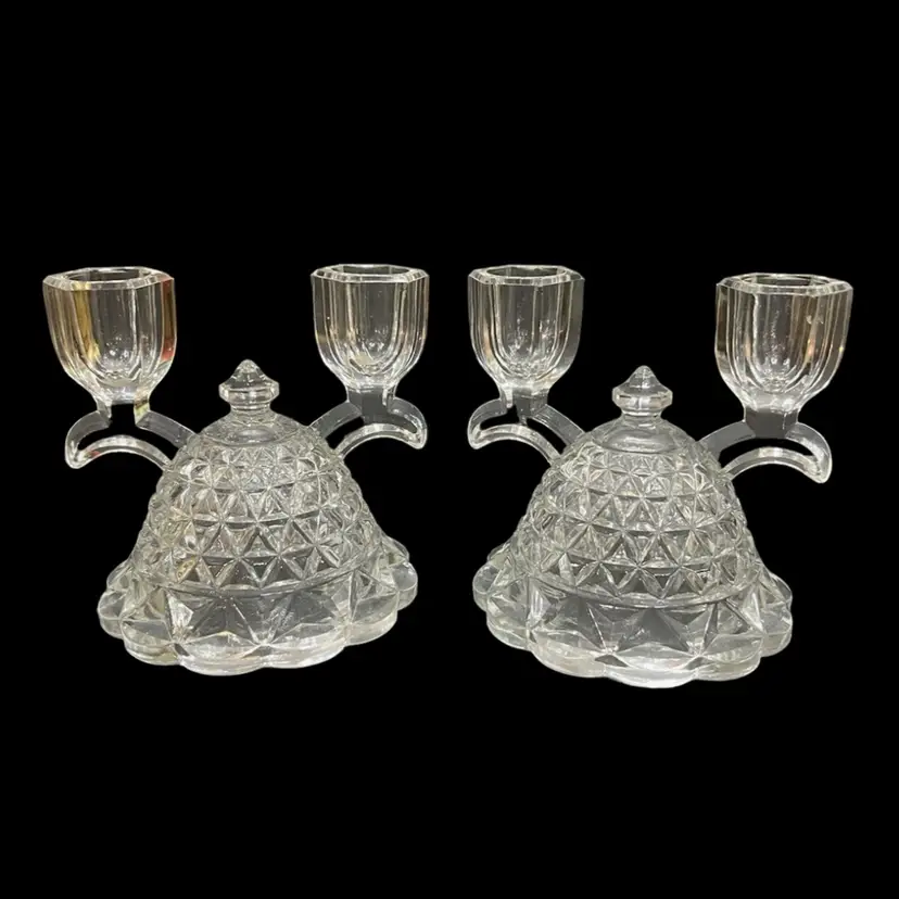 MARKDOWN! Pair of Imperial Glass Double Candle Holders ~4.5” x 4.5” x 4.25” Each