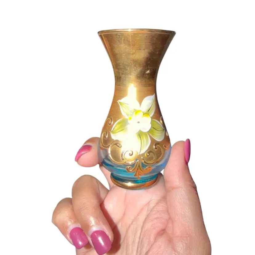 Czech or Murano? Painted Blue Glass Bud Vase