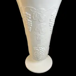 Indiana Glass, Grape Vine Colony Harvest,  Milk glass 10" High Vase w/ Pedestal