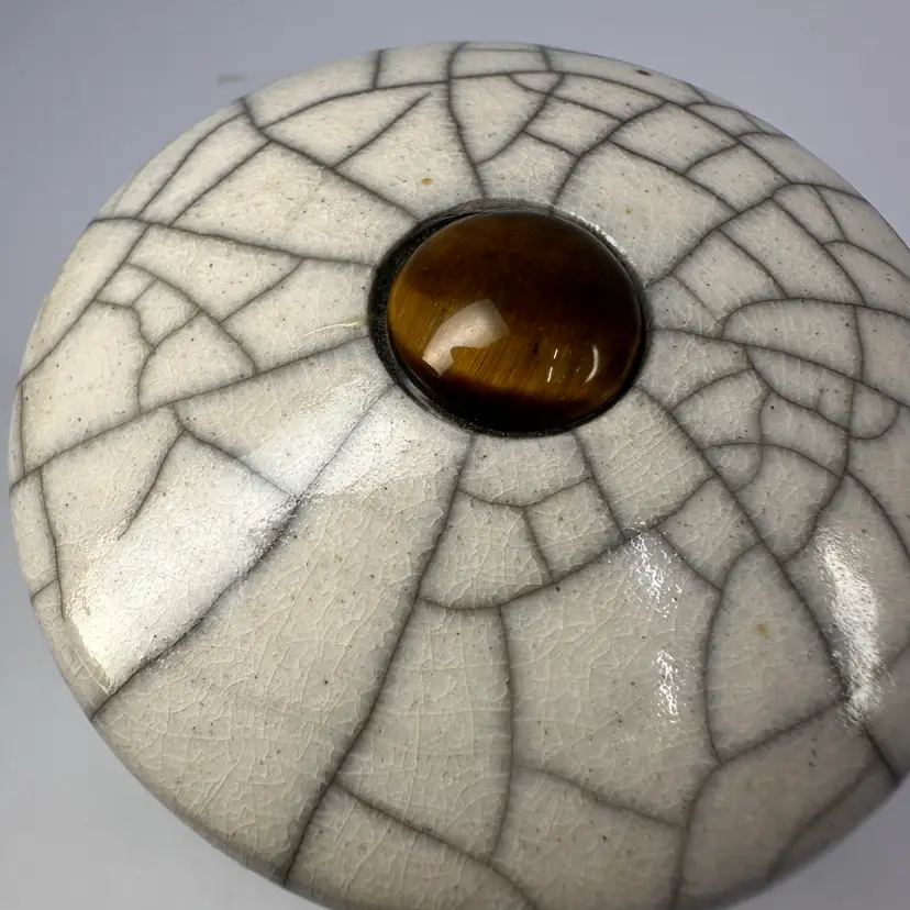 Signed Raku Pottery Canister With Tigers Eye On Top 👀