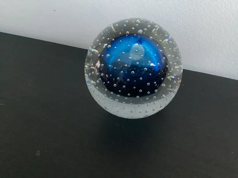 3408-Marian Pyrcak Paperweight With Blue Center Bubble And Bullicante,3 In