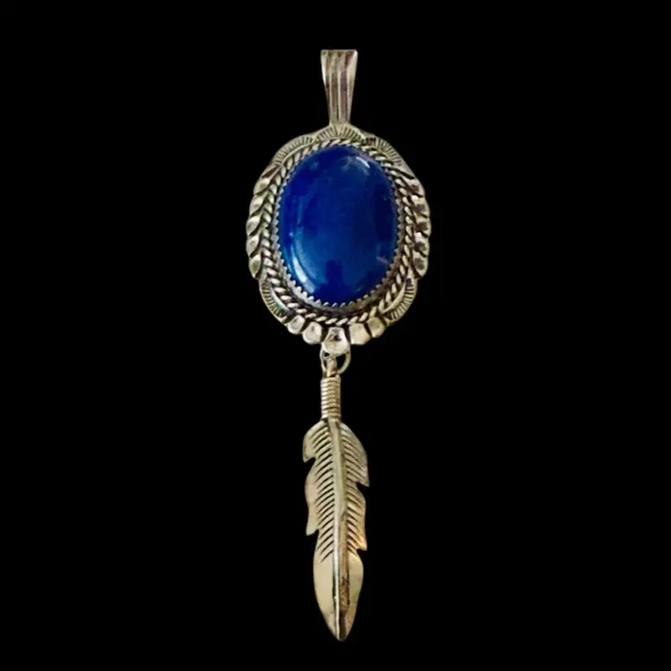 Silversmith Wil Denetdale Sterling Navajo Signed Lapis Lazuli Cabochon Feather Dangle Pendant 3.5”, 12.9g