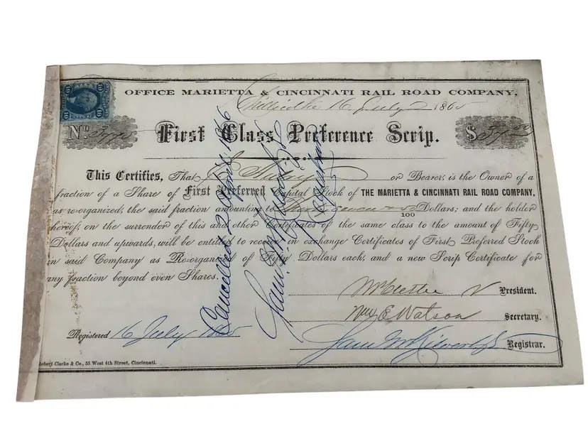 Marietta & Cincinnati Railroad 1865 First Class Preference Scrip Certificate
